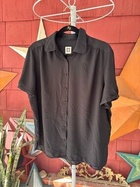Anne Klein Black Button-Up Short Sleeve Blouse M Women's XL (14-16)